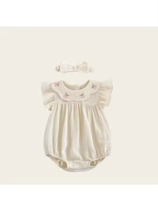 Pelele bordado floral con mangas con volantes de algodón para niñas de 0 a 2 años y diadema a juego, traje adorable y cómodo para bebés - 1