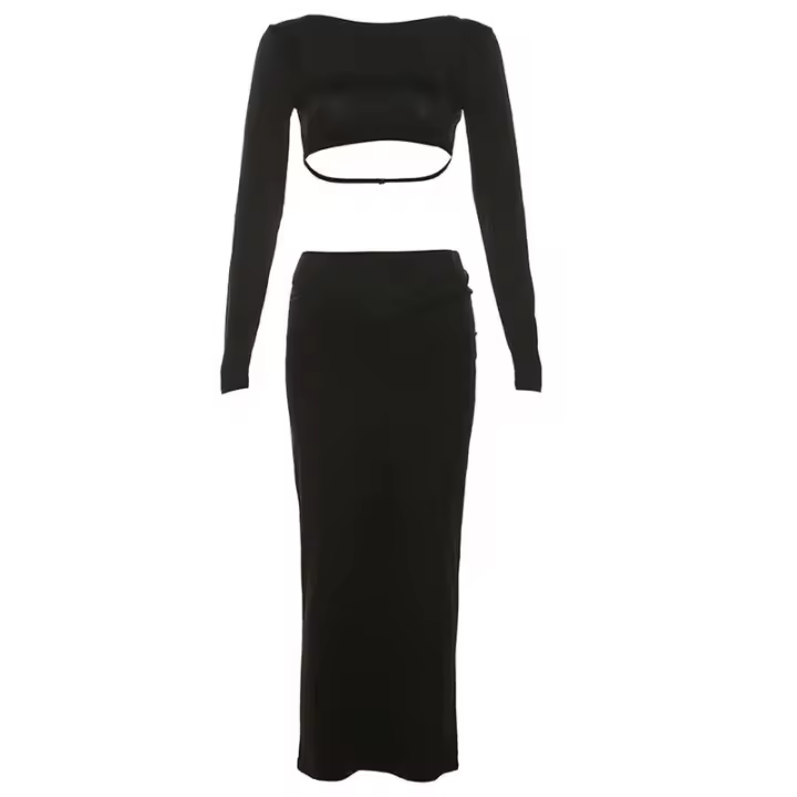 BUNO-Conjuntos de verano para mujer, 2 piezas, moda sólida, nuevo conjunto de dos piezas, manga larga, ombligo descubierto, falda larga, Sexy, elegante, y2k - 1