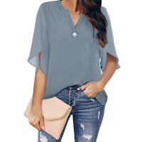 Camiseta de manga corta para mujer, Top de manga corta con cuello en v, informal, camisetas de verano con volantes - details 7