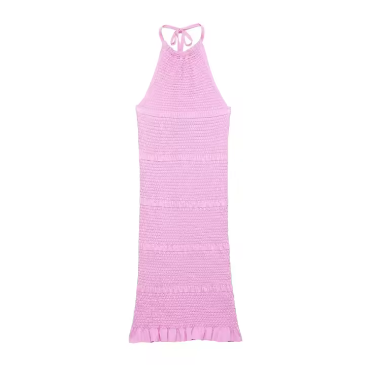 Vestido de estilo vacacional sin mangas con cuello halter y espalda descubierta de punto delgado 2025 para mujer. - 1