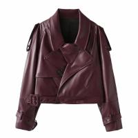Chaqueta recortada de estilo europeo, chaqueta de cuero genuino roja para espectáculos y desfiles, novedad de 2025 - details 0