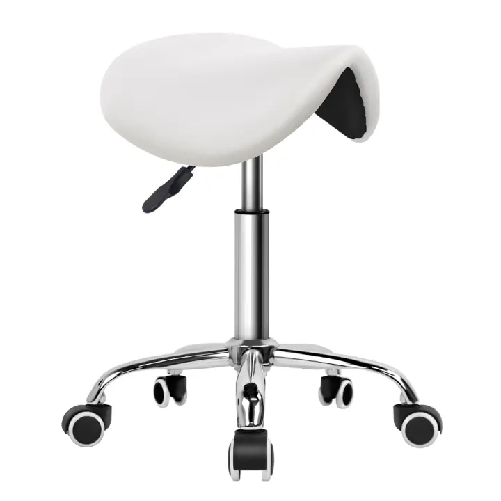 KKTONER Taburete con ruedas de cuero PU, taburete giratorio ajustable con ruedas, silla de salón, color blanco - 1