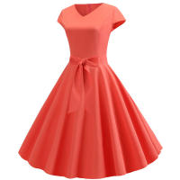 Women summer vintage with belt short sleeve v neck elegant retro swing party dresses - details 67