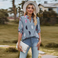 Camisa con estampado de plumas de tres cuartos y manga e para mujer, cuello en V, otoño, nueva - details 12