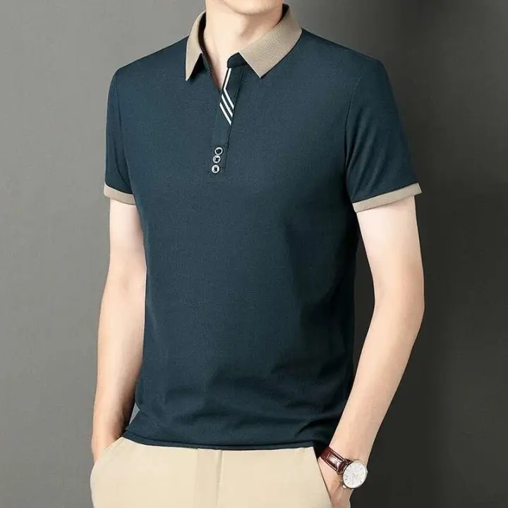 Polo de manga corta de moda de color sólido para hombre, top cómodo informal de verano para negocios - 1