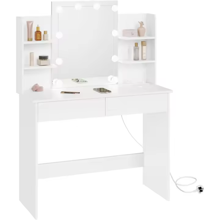 Ajustable, Mesa Tocador con Regleta de Enchufes, 2 Cajones y 4 Estantes, Tocador Blanco, 90x40x135 cm, MB6123ws - 1