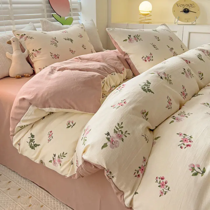 Juego de cama: Sábana ajustable de algodón lavado puro de cuatro piezas, funda de edredón, juego de tres piezas de cama individual para dormitorio de estudiantes: Sábana, funda - 1