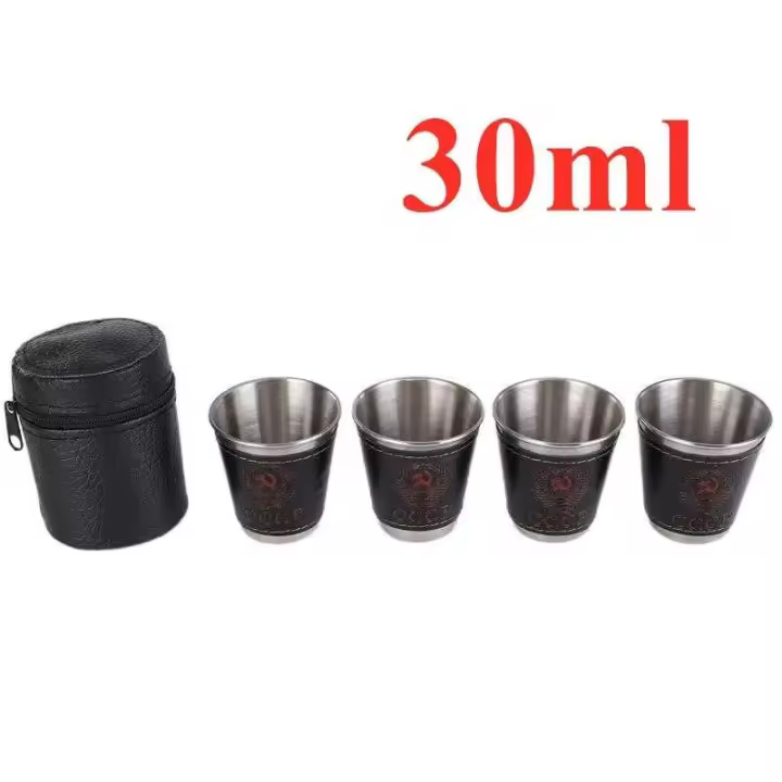 Villa de acero inoxidable para acampar al aire libre, juego de tazas VIE para picnic, vino, cerveza, whisky, taza de cuero PU, 70 ml o 30 ml, 4 piezas por lote - 1