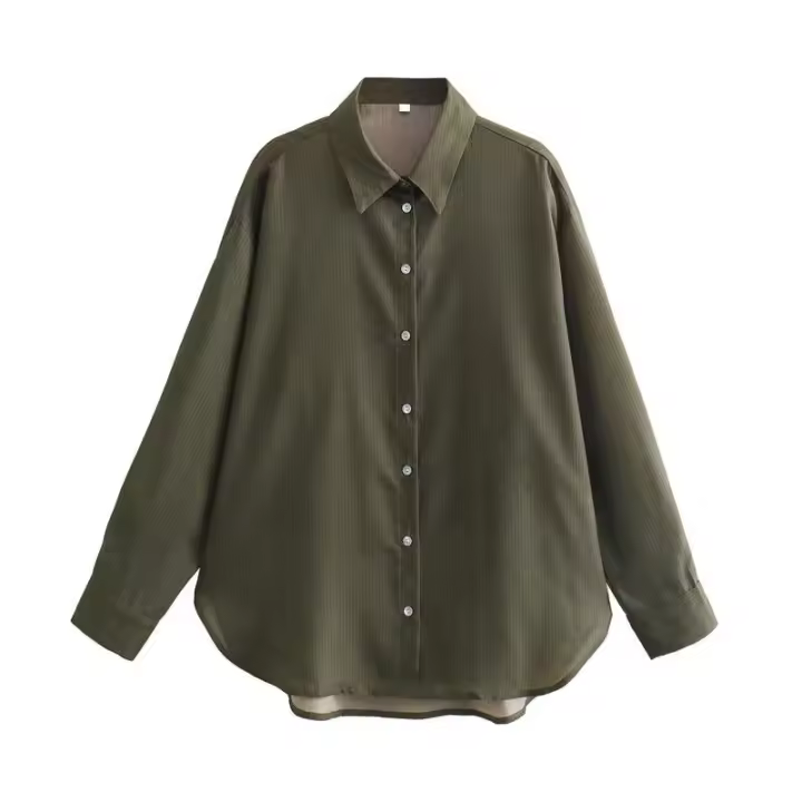 OUWU- Conjunto De Pantalones De Pierna Ancha Para Mujer, Camisa Informal De Manga Larga Con Cuello Tipo Polo, A Rayas Finas, A La Moda, Primavera - 1