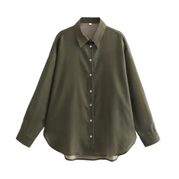 OUWU- Conjunto De Pantalones De Pierna Ancha Para Mujer, Camisa Informal De Manga Larga Con Cuello Tipo Polo, A Rayas Finas, A La Moda, Primavera - 1