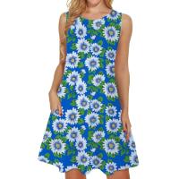 Vestido Mini Bohemio con Estampado Floral Top sin Mangas con Bolsillo, Cuello Redondo, Moda de Oficina y Fiesta - details 3