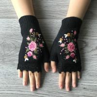 Guantes de punto para mujer, manecillas bordadas de lana cálida con medio dedo, para otoño e invierno, 2024 - details 0