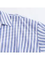 Camisa De Lino Mezclado Azul Con Rayas Estilo Académico Veraniego Para Mujer Casual Cuello En V Manga Tres Cuartos Ajuste Regular - details 5