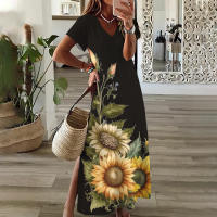 Elegante Vestido de Media Lengua Floral de Girasol Talla Grande para Mujeres Manga Corta - details 3