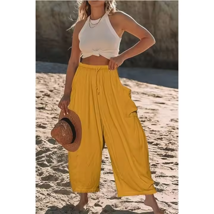 Pantalones de lino, cintura elástica para mujer, pantalones casuales de verano a la moda, ropa de mujer - 1