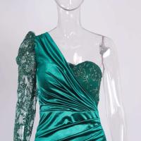 Vestido de noche de satén, lentejuelas de un hombro, vestido de graduación largo hasta el suelo dividido - details 8