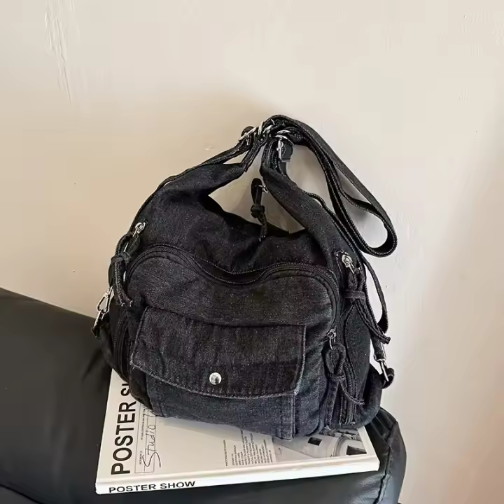 Mochila de Denim Holgada Elegante Correa Ajustable, Cierre de Cremallera, Forro de Poliéster, Estilo Casual, Versátil para Estudiantes y Commuters Bolso de Cruz y Hombro - 1