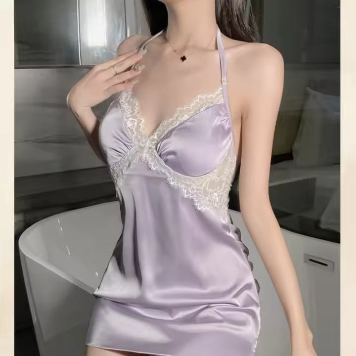 Elegante Camisón de Tul Sexy con Cuello Bajo Con Tirantes y Lazo en la Espalda, Conjunto de Pijama de Moda para Mujeres - 1