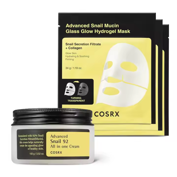 Crema COSRX + mascarilla de hidrogel 3EA- Mucina de caracol 92% hidratante y mascarilla de colágeno de hidrogel con brillo de vidrio, artículos esenciales de viaje, medias - 1