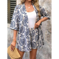 Estampado vacacional elegante blusa de dos piezas manga corta top con cordones talle alto shorts blaster - details 0