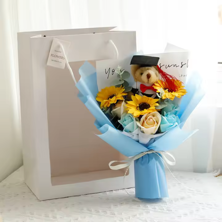 Maester oso ramo de graduación oso Animal ramo decoración oso de peluche ramo girasol 32cm flor simulada regalo de cumpleaños - 1
