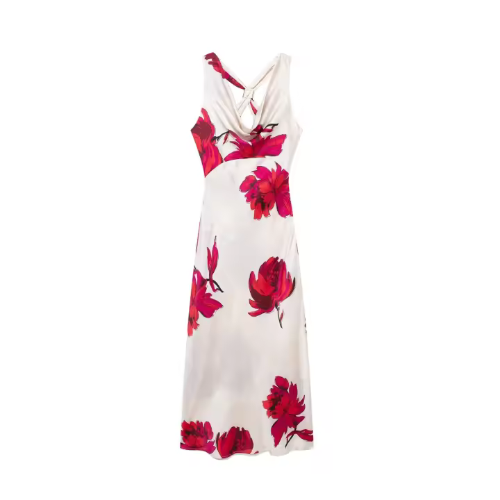 Ropa de mujer de estilo europeo y americano, estampado de flores de moda textura de satén de seda vestido Midi 849315 - 1