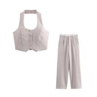 Tops sin mangas con botones delanteros y cintura doble alta, pantalones rectos con bolsillos laterales, conjuntos de dos piezas para mujer - details 3