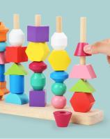 Juguetes de madera Montessori para niños, rompecabezas de colores, cuentas de colores para reconocer los colores, juguetes para niños pequeños, regalos, cinco columnas de colores, juegos de columnas arco iris ensartar cuentas - details 0