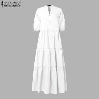 ZANZEA-Vestidos informales de manga corta abombada para vacaciones, Vestidos escalonados, batas elegantes de Color sólido con cuello en V, vestido Maxi de verano 2025 - details 4