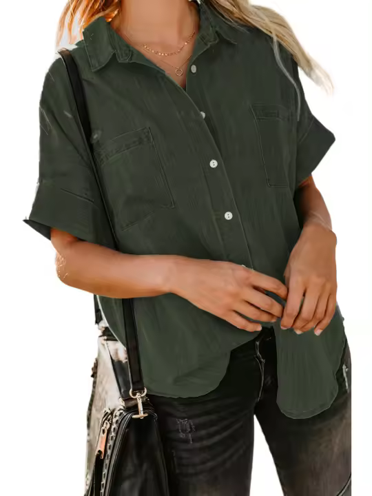 Elrachen Camisa vaquera de manga corta para mujer, cuello vuelto, bolsillos parcheados, verde, tallas S-2XL - 1