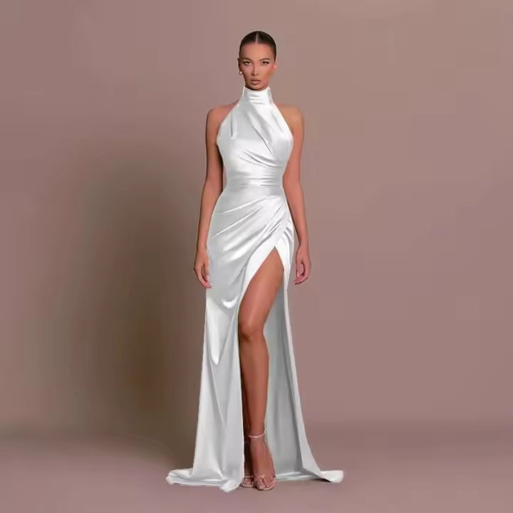 Elegante Vestido de Noche Largo Sexy Halter sin Espalda Alta y Abierto hasta la Cintura - 1