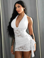 Vestido corto ajustado sin mangas con espalda descubierta, encaje y lazo en la cuello para mujer D25DS148 - details 1