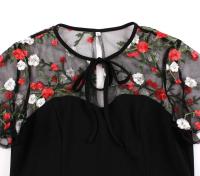 2024 nuevo Retro de manga corta de malla de contraste elegante ral bordado Swing Vintage mujeres corbata cuello bolsillo lateral vestido de verano - details 2