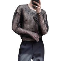 Camiseta larga de malla para hombre, con estilo de club nocturno, transpirable, con encaje y manga larga, para escenario. Mi armario solo necesita lo que me gusta - details 5