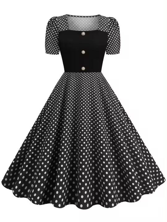 Women summer casual polka dot print short sleeve a line party vintage elegant midi dress - 1
