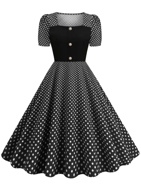 Women summer casual polka dot print short sleeve a line party vintage elegant midi dress - 1