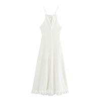 OUWU- 2025 Vestido largo blanco con cordones y tirantes con lazo, textura hueca hacia afuera, para mujer, con abertura en el cuello, volantes y dobladillo, vestido ajustado tipo bata para vacaciones. - details 1