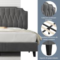 Tapizado en terciopelo Cama de matrimonio con cabecera ajustable en altura Marco de cama Soporte con listones de madera 160 × 200 cm Beige - details 32