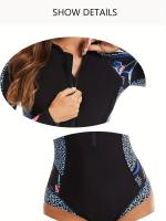 Traje de baño de una pieza para mujer, con mangas largas, cierre frontal con cremallera, estampado floral, cuerpo de surf, estilo - details 6