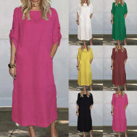 Primavera Verano algodón Lino mujeres vestido largo Casual suelto negro cuello redondo manga corta bolsillos Maxi vestidos para mujer bata femenina - details 0