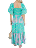 Vestido bohemio de mujer con manga abullonada, cuello cuadrado, estampado floral, vestido largo y fluido - details 5