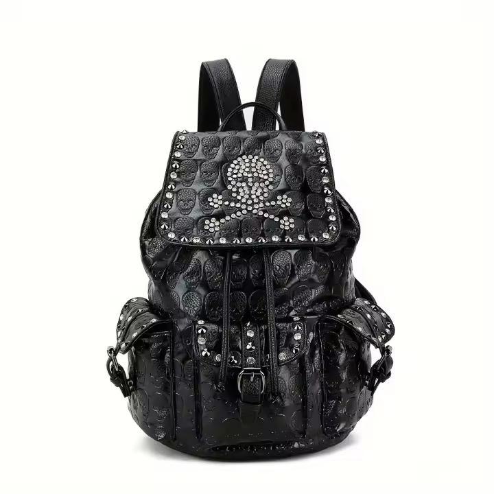 Mochila con relieve de calavera Punk para mujer, morral negro gótico con remaches de Halloween, mochila de viaje de nicho - 1