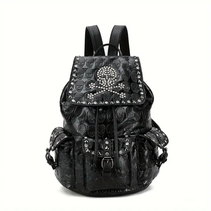 Mochila con relieve de calavera Punk para mujer, morral negro gótico con remaches de Halloween, mochila de viaje de nicho - 1