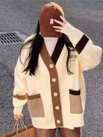 Cárdigan cómodo de mujer con cuello en V y bloque de color con bolsillo para ropa de invierno nueva innovación - details 7