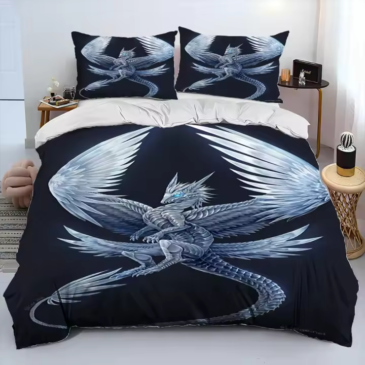 Juego de cama con edredón de dibujos animados de dragón, funda nórdica, juego de cama tamaño King Queen para regalo para niños y adultos - 1