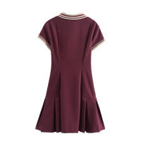 TRAFZA, moda de verano para mujer, vestido acampanado plisado ancho acanalado con contraste, vestido elegante de manga corta con cuello vuelto y botones para mujer - details 7