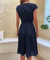 Vestido plisado elegante para mujer, manga corta con cinturilla, verde negruzco S, Verano - details 16