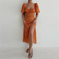 Vestido de mujer, novedad de verano 2025, vacaciones, pausa para el té, cuello cuadrado, falda de longitud media, mangas de burbuja, vestido con abertura Floral francés - details 45
