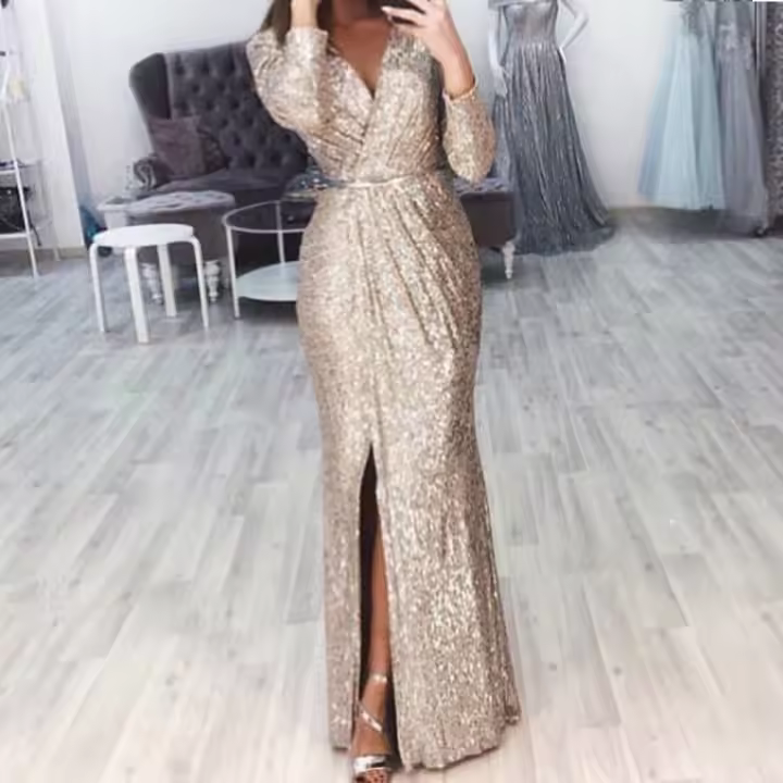 Elegante Vestido Brillante de Cuello en V Moda de Banquete de Noche Ligera de Alta Gama - 1