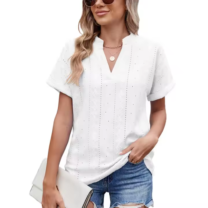 BUNO-2025 Blusas informales para mujer, camisas holgadas de manga corta con cuello de pico de Jacquard bordado a la moda, Tops elegantes de colores sólidos para verano - 1
